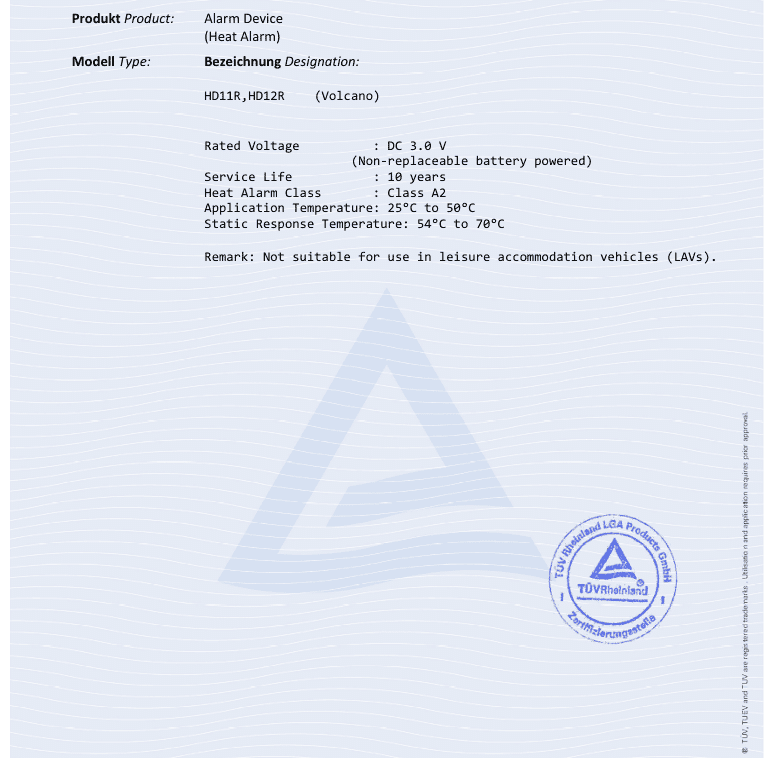 CFS heat alarm HD11R HD12R certificates