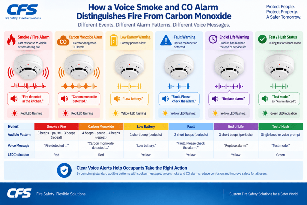 Voice Smoke and CO Alarm Distinguish Fire from Carbon Monoxide